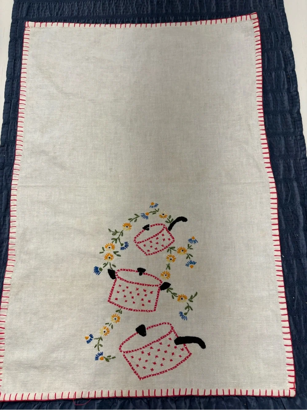 3 vintage hand Embroidered Cotton Kitchen Towels- Blue, red, green cream towels